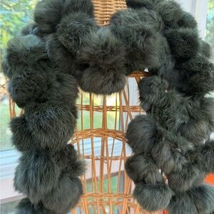 Green Plush Fur Pom-Pom Scarf, 100% Genuine Rabbit.  7” x 60” (5 ft)